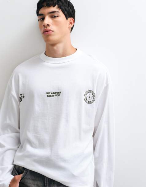 ASOS DESIGN boxy oversized T-shirt met lange mouwen, mouwpanelen en tekstprint in wit - view 1