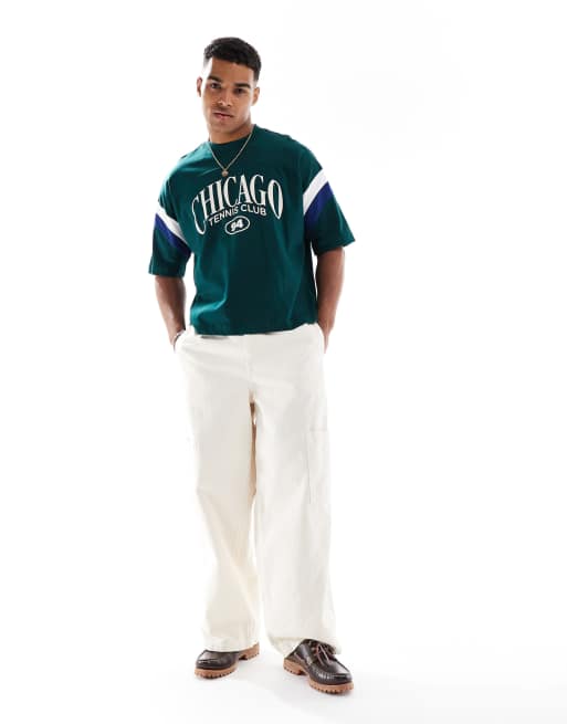 ASOS DESIGN boxy oversized t-shirt with athletic graphic and sleeve panels in green