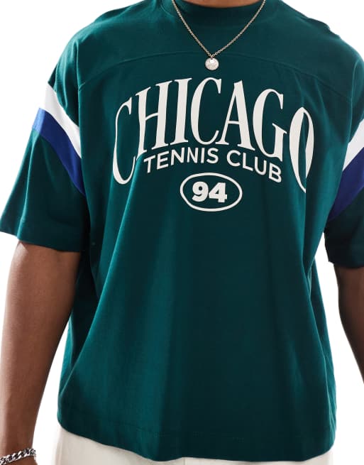 ASOS DESIGN boxy oversized t-shirt with athletic graphic and sleeve panels in green