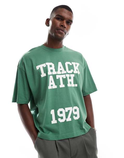 ASOS DESIGN boxy oversized t-shirt with athletic graphic in green - view 1