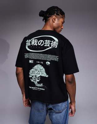 Asos Design Boxy Oversized T-shirt With Bonsai Graphic In Black