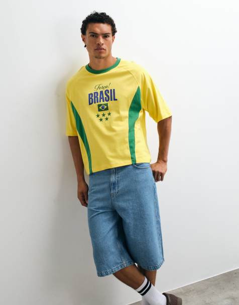 ASOS DESIGN boxy oversized t-shirt with Brazil football graphic in yellow - view 1