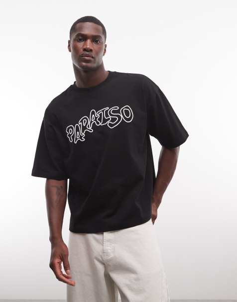 ASOS DESIGN boxy oversized t-shirt with bubble paraiso high build embroidery in black - view 1