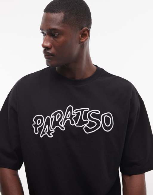 ASOS DESIGN boxy oversized t-shirt with bubble paraiso high build embroidery in black, 3 of 5