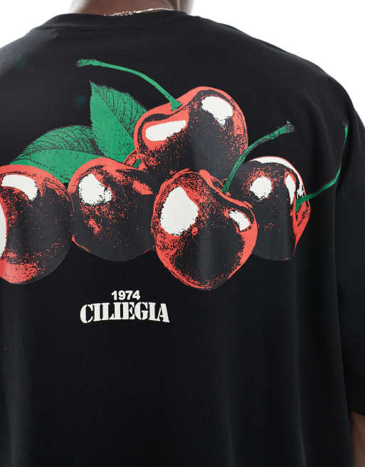 ASOS DESIGN boxy oversized T-shirt with cherry graphic in black