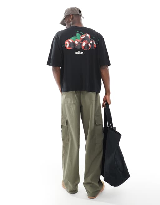 ASOS DESIGN boxy oversized T-shirt with cherry graphic in black