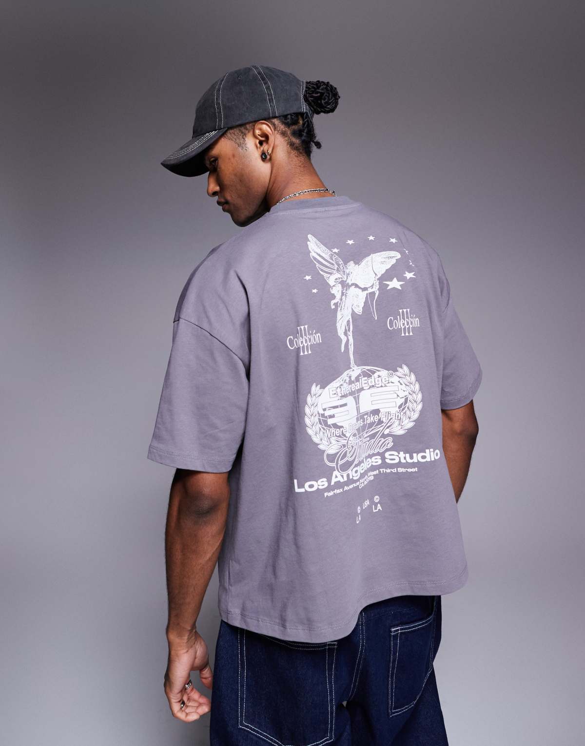 ASOS DESIGN boxy oversized t-shirt with cherub street graphic in charcoal