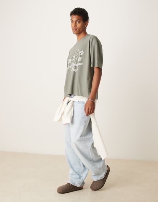 ASOS DESIGN boxy oversized t-shirt with city applique in khaki green, 4 of 4