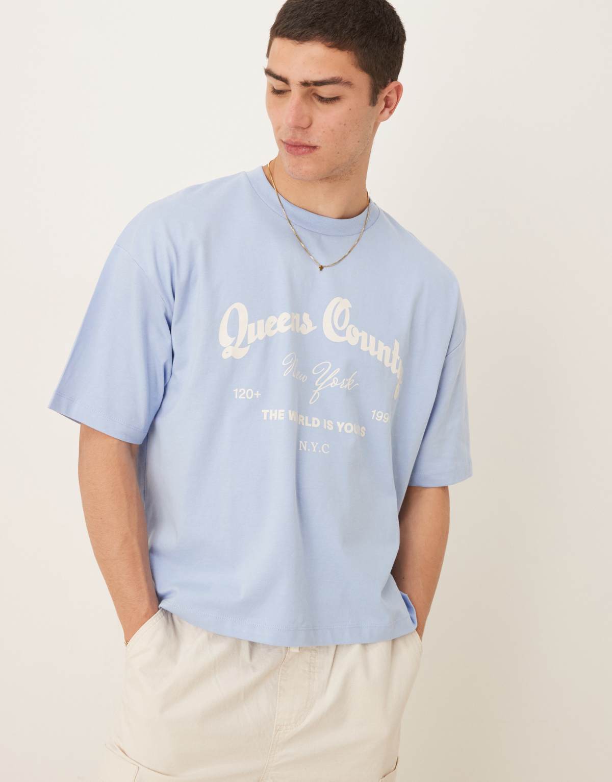 ASOS DESIGN boxy oversized t-shirt with city embroidery in light blue