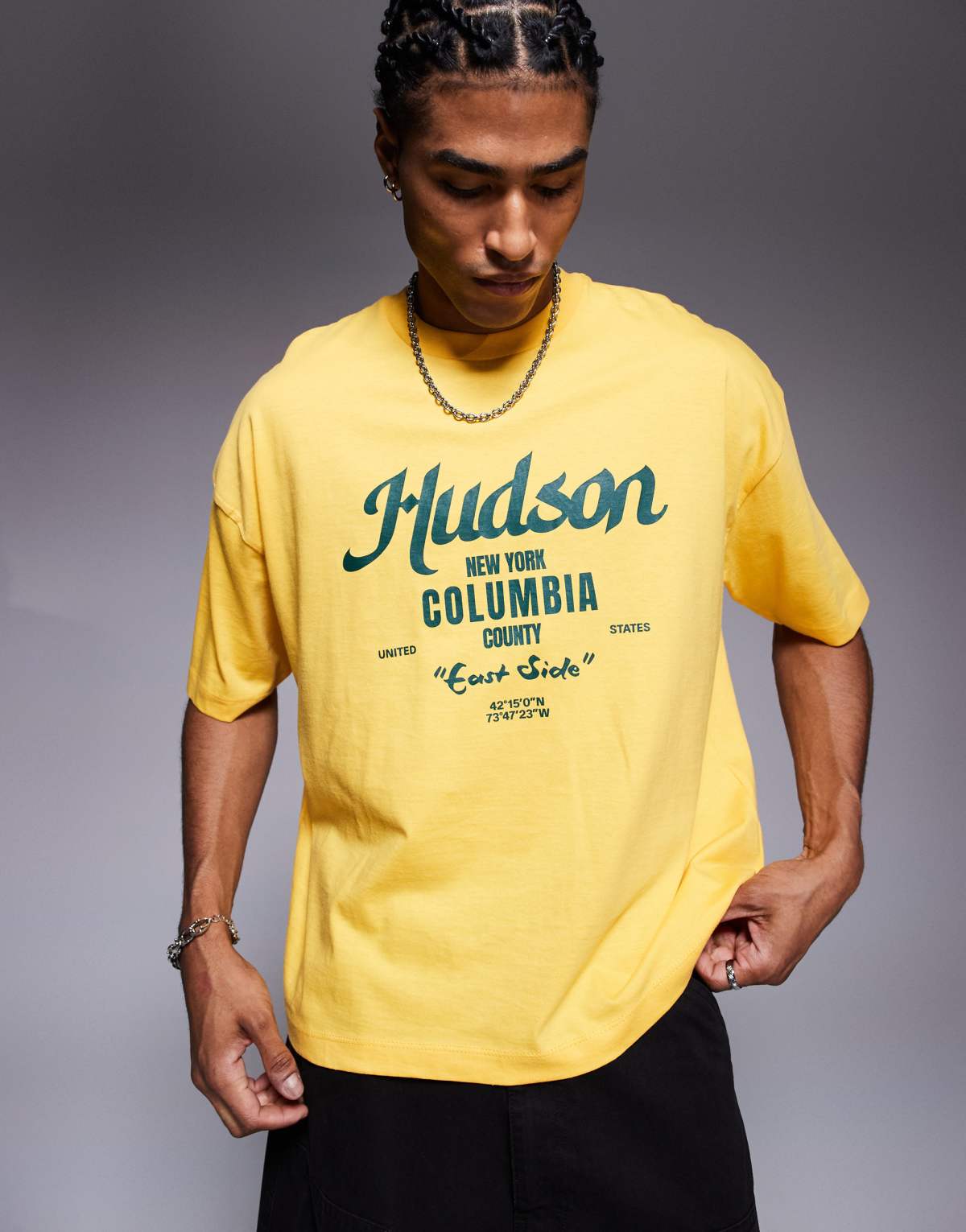 ASOS DESIGN boxy oversized t-shirt with city graphic in yellow