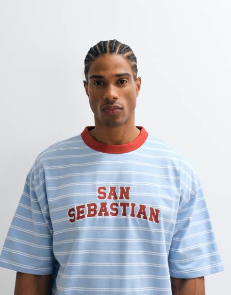 ASOS DESIGN boxy oversized t-shirt with contrast front graphic in blue stripe - view 1