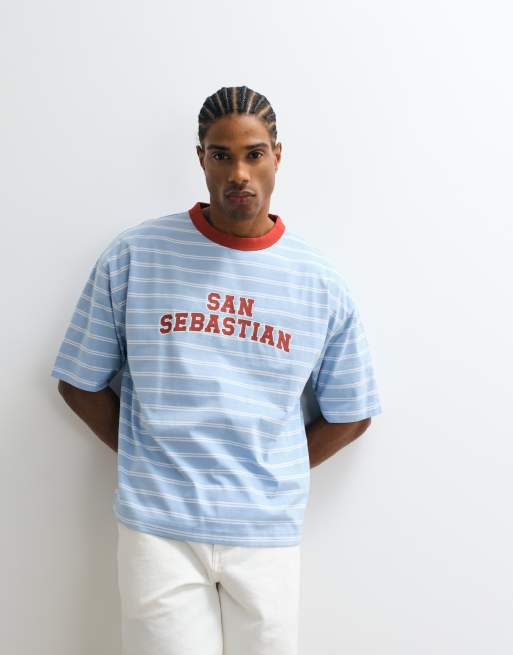 ASOS DESIGN boxy oversized t-shirt with contrast front graphic in blue stripe, 2 of 5