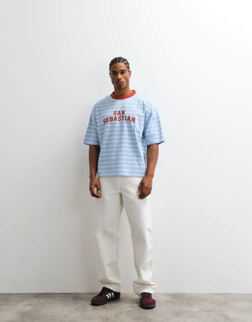 ASOS DESIGN boxy oversized t-shirt with contrast front graphic in blue stripe, 3 of 5