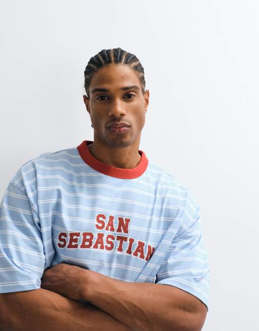 ASOS DESIGN boxy oversized t-shirt with contrast front graphic in blue stripe, 5 of 5