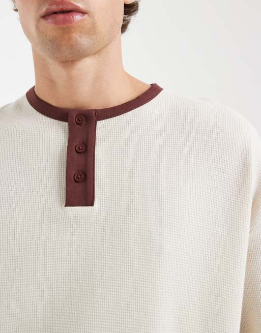 ASOS DESIGN boxy oversized t-shirt with contrast henley neck in cream waffle, 4 of 5