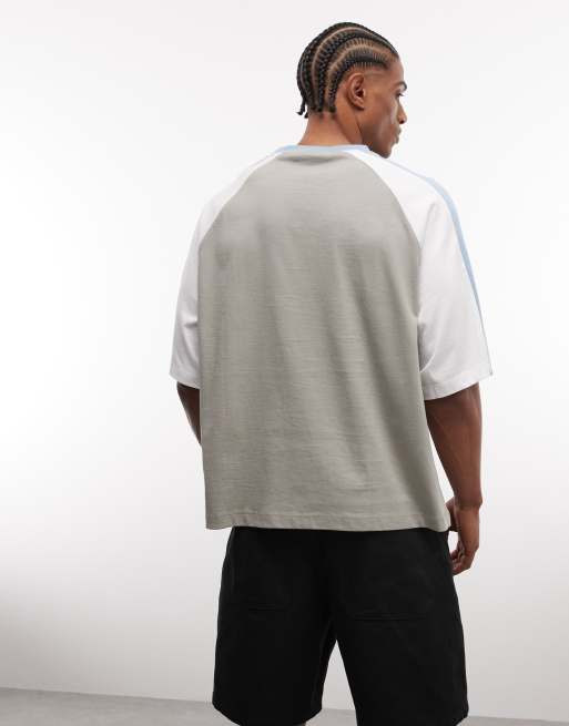 ASOS DESIGN boxy oversized t-shirt with cut and sew paneling and athletic graphic in gray, 2 of 5