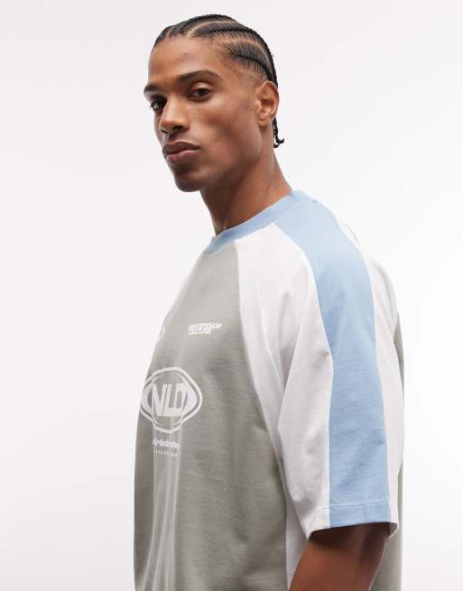 ASOS DESIGN boxy oversized t-shirt with cut and sew paneling and athletic graphic in gray, 3 of 5