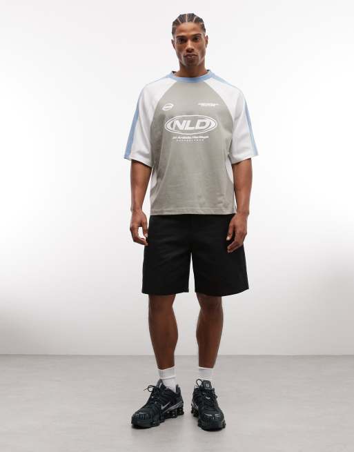 ASOS DESIGN boxy oversized t-shirt with cut and sew paneling and athletic graphic in gray, 5 of 5