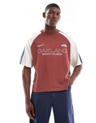Asos Design Boxy Oversized T-shirt With Cut And Sew Paneling And Athletic Graphics In Red