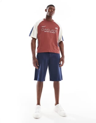 Asos Design Boxy Oversized T-shirt With Cut And Sew Paneling And Athletic Graphics In Red