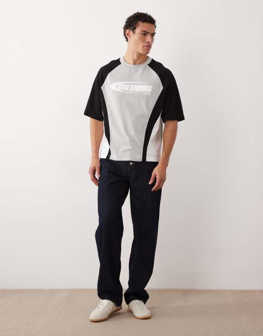 ASOS DESIGN boxy oversized t-shirt with cut and sew paneling and athletic graphics in light gray, 2 of 5