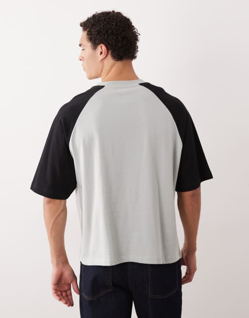 ASOS DESIGN boxy oversized t-shirt with cut and sew paneling and athletic graphics in light gray, 3 of 5