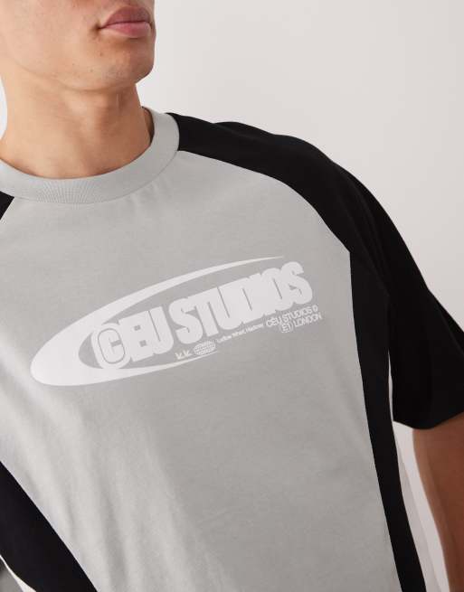 ASOS DESIGN boxy oversized t-shirt with cut and sew paneling and athletic graphics in light gray, 5 of 5