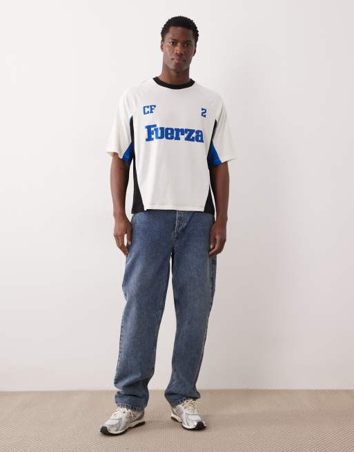 ASOS DESIGN boxy oversized t-shirt with cut and sew paneling and athletic graphics in off white, 2 of 5
