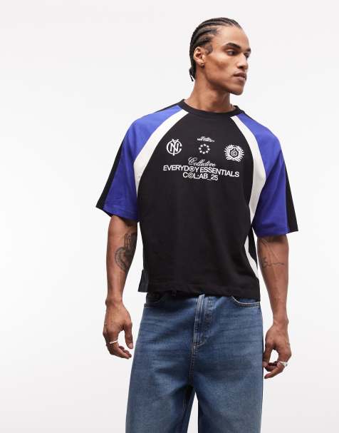 ASOS DESIGN boxy oversized t-shirt with cut and sew paneling and soccer graphics in black - view 1