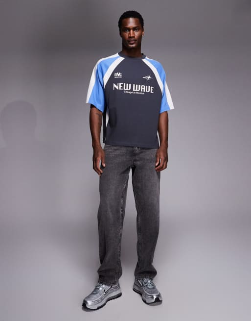 ASOS DESIGN boxy oversized T-shirt with cut and sew paneling and sports graphic in charcoal, 2 of 5