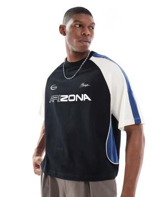 Asos Design Boxy Oversized T-shirt With Cut And Sew Paneling And Sports Graphics In Multi