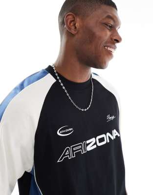 Asos Design Boxy Oversized T-shirt With Cut And Sew Paneling And Sports Graphics In Multi