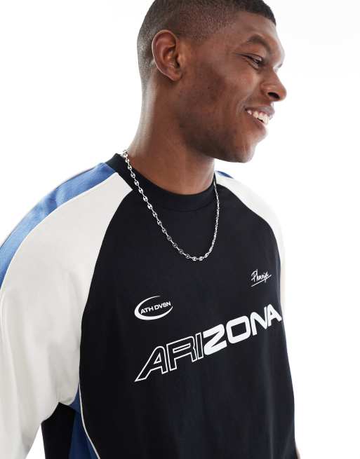 ASOS DESIGN boxy oversized T-shirt with cut and sew paneling and sports graphics in black, 2 of 4