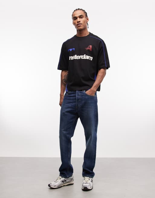 ASOS DESIGN boxy oversized t-shirt with cut and sew paneling and sports graphics in black, 2 of 5