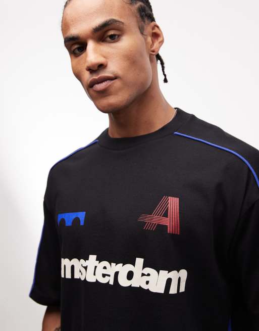 ASOS DESIGN boxy oversized t-shirt with cut and sew paneling and sports graphics in black, 3 of 5