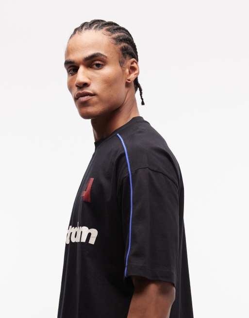 ASOS DESIGN boxy oversized t-shirt with cut and sew paneling and sports graphics in black, 5 of 5