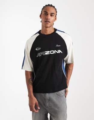 Asos Design Boxy Oversized T-shirt With Cut And Sew Paneling And Sports Graphics In Black