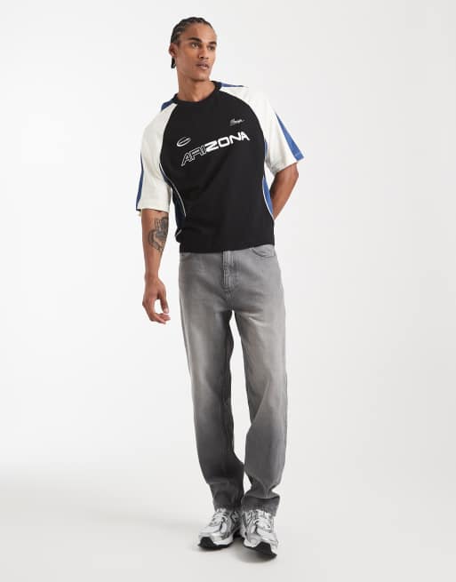 ASOS DESIGN boxy oversized T-shirt with cut and sew paneling and sports graphics in black, 2 of 5