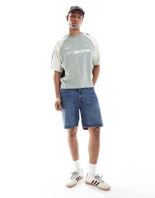 Asos Design Boxy Oversized T-shirt With Cut And Sew Paneling And Sports Graphics In Gray