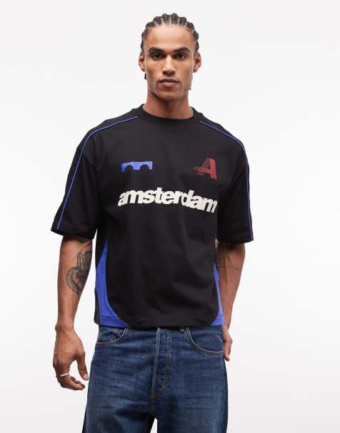 ASOS DESIGN boxy oversized t-shirt with cut and sew panelling and sports graphic in black - view 1