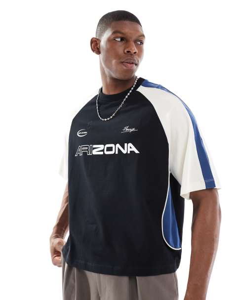 ASOS DESIGN boxy oversized t-shirt with cut and sew panelling and sports graphics in black - view 1
