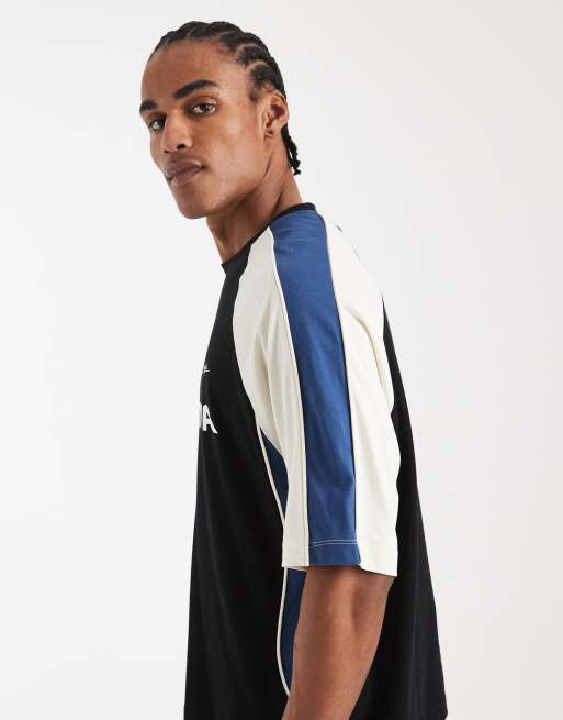 ASOS DESIGN boxy oversized t-shirt with cut and sew panelling and sports graphics in black, 4 of 5