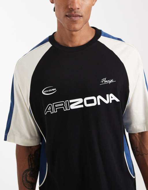 ASOS DESIGN boxy oversized t-shirt with cut and sew panelling and sports graphics in black, 5 of 5