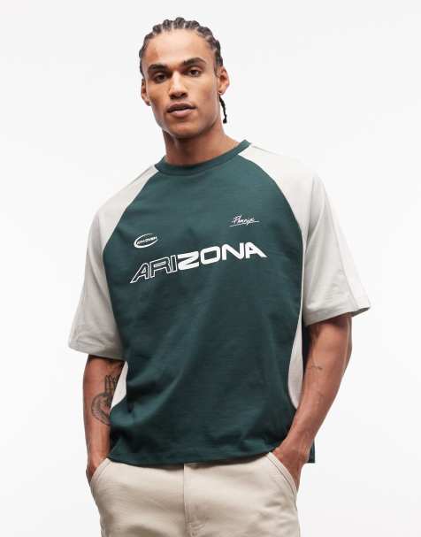 ASOS DESIGN boxy oversized t-shirt with cut and sew panelling and sports graphics in green - view 1