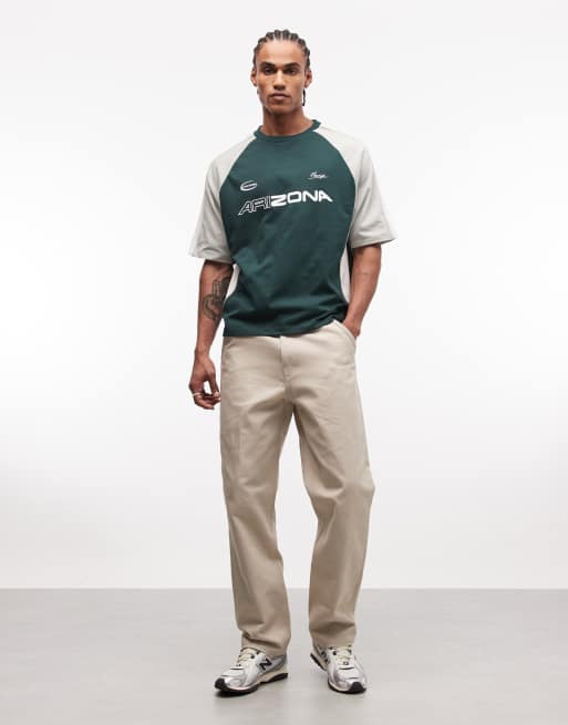 ASOS DESIGN boxy oversized t-shirt with cut and sew panelling and sports graphics in green, 3 of 5