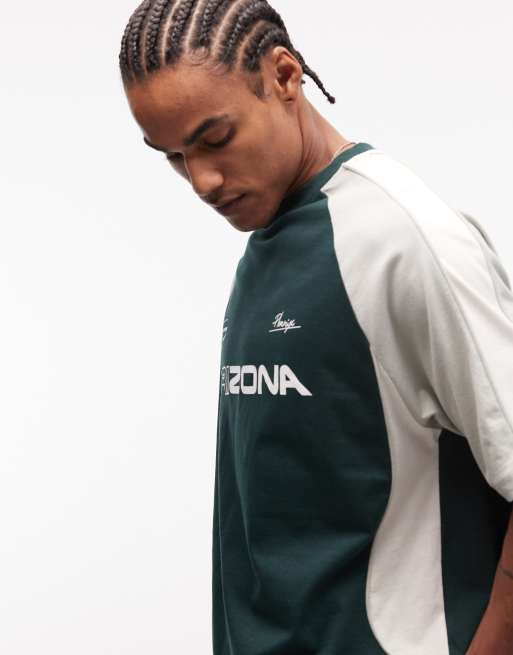 ASOS DESIGN boxy oversized t-shirt with cut and sew panelling and sports graphics in green, 4 of 5