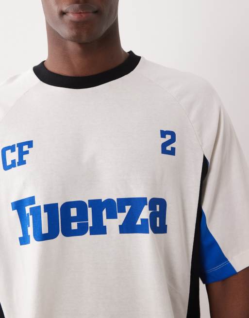 ASOS DESIGN boxy oversized t-shirt with cut and sew panelling and sports graphics in off white, 5 of 5