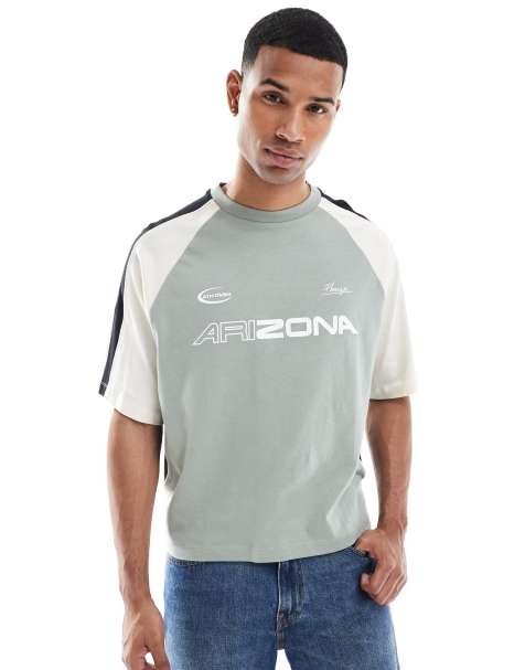ASOS DESIGN boxy oversized t-shirt with cut and sew panelling and sports graphics in sage green - view 1