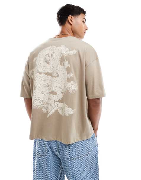 ASOS DESIGN boxy oversized t-shirt with dragon graphic in beige - view 1