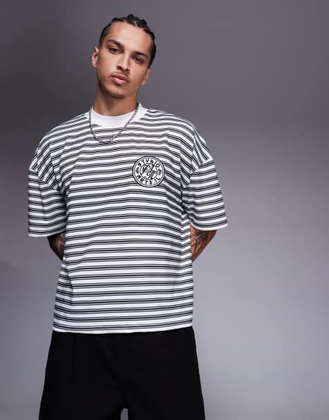 ASOS DESIGN boxy oversized T-shirt with dropped shoulder and chest embroidery in black and white stripe - view 1